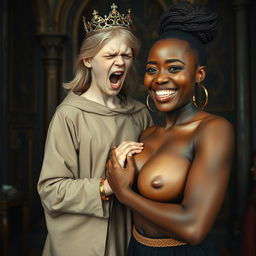 In a medieval room, a striking scene showcases a young blonde woman, petite and malnourished at just 19 years old