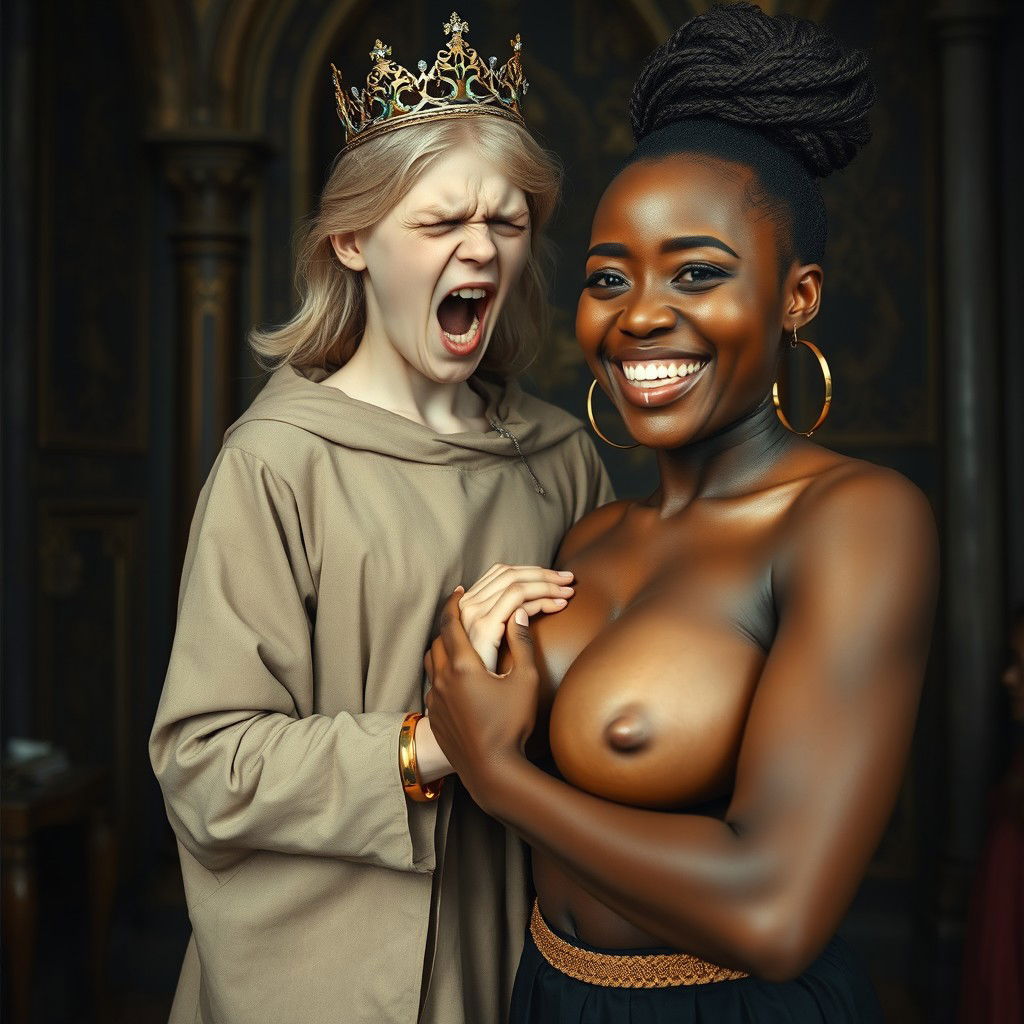 In a medieval room, a striking scene showcases a young blonde woman, petite and malnourished at just 19 years old