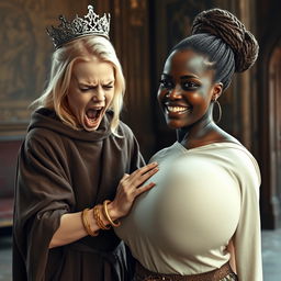 In a medieval room, a striking scene showcases a young blonde woman, petite and malnourished at just 19 years old