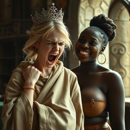 In a medieval room, a striking scene showcases a young blonde woman, petite and malnourished at just 19 years old