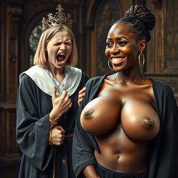 In a medieval room, a striking scene focuses on a young blonde woman, petite and malnourished at 19 years old, donned in a long, fully-closed monk's robe