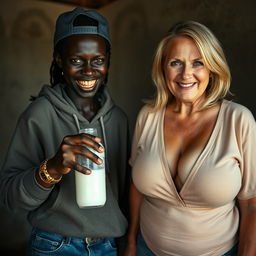 Inside a poor room in Africa, a 19-year-old African woman with dark black skin presents a sinister look as she holds a baby bottle filled with milk
