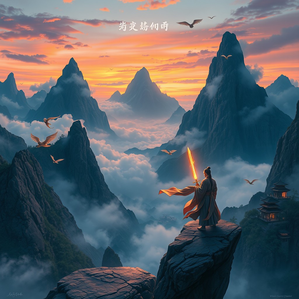 A breathtaking Xianxia scene depicting a majestic mountain landscape with soaring peaks, enveloped in mystical clouds