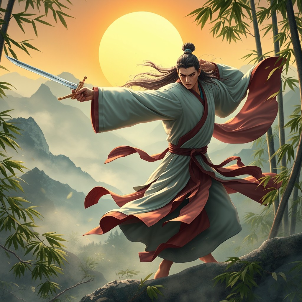 A dynamic and dramatic scene inspired by Wuxia genre, featuring a heroic warrior in traditional flowing robes, gracefully wielding a sword amidst a bamboo forest