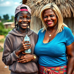 In an African village, a 19-year-old dark-skinned African woman with a mischievous smile holds a baby bottle