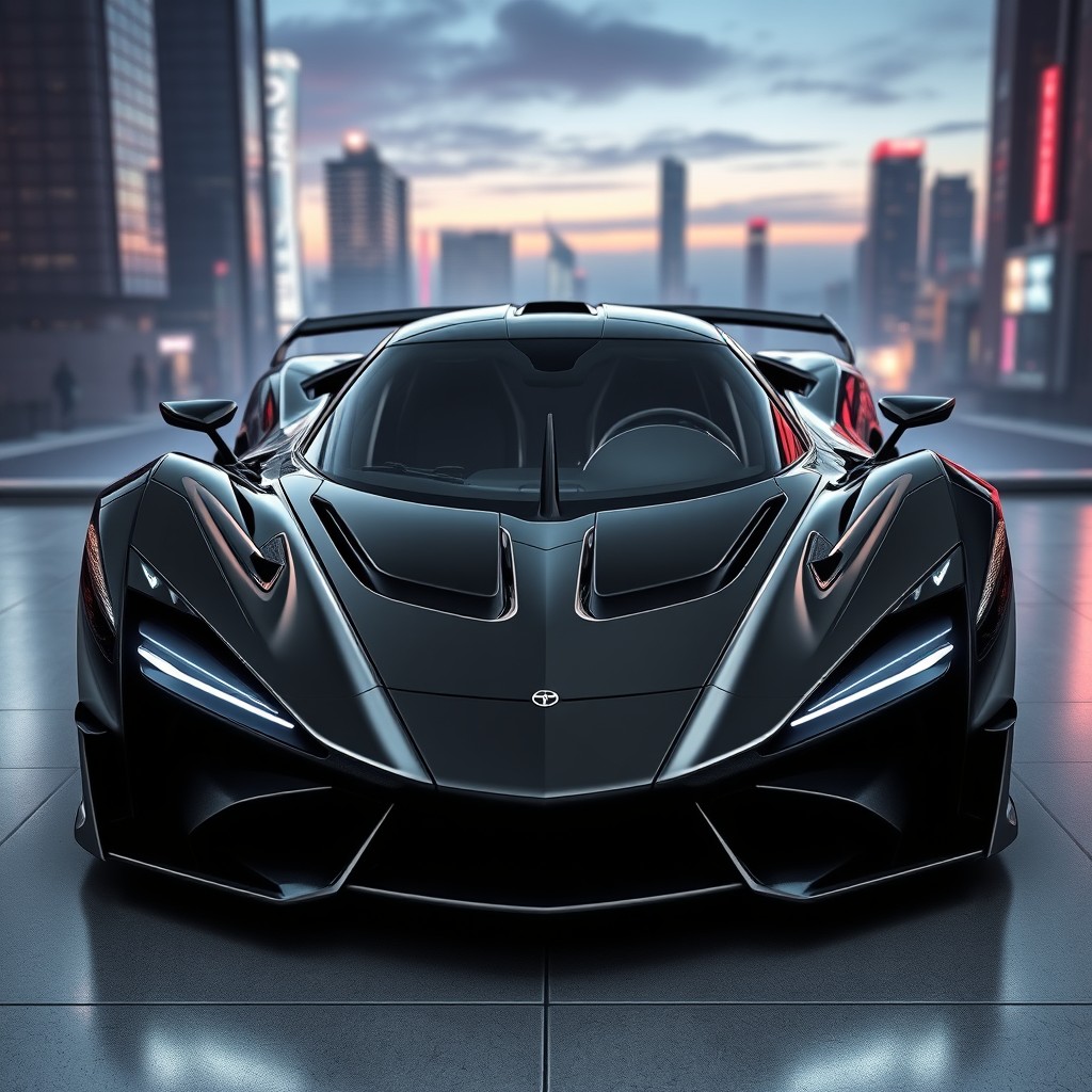 A stunning hypercar concept, featuring a sleek black exterior with aggressive lines and aerodynamic design elements reminiscent of high-performance vehicles