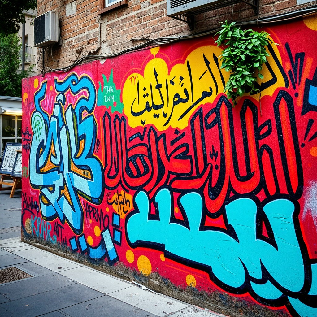 A vibrant city wall covered in bold, colorful Arabic graffiti, showcasing intricate calligraphy intertwined with abstract shapes and urban elements