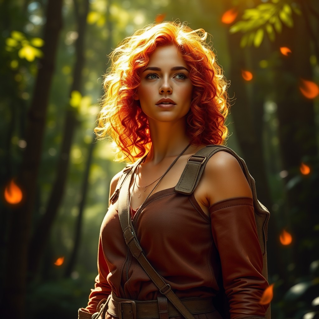 A medium female fire elemental ranger with suntanned skin, featuring fiery curly red hair that looks like it's gently flickering with flames