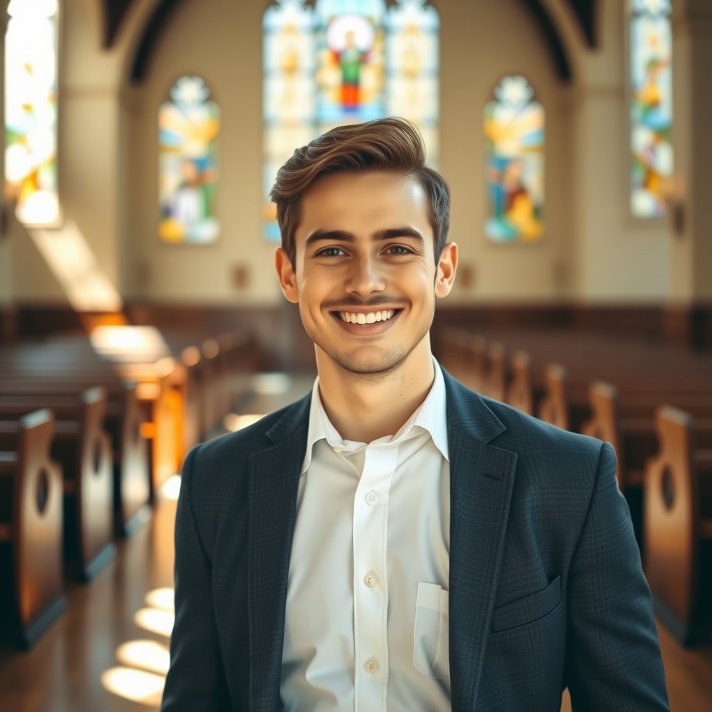 A young male pastor in the foreground, standing confidently with a warm smile