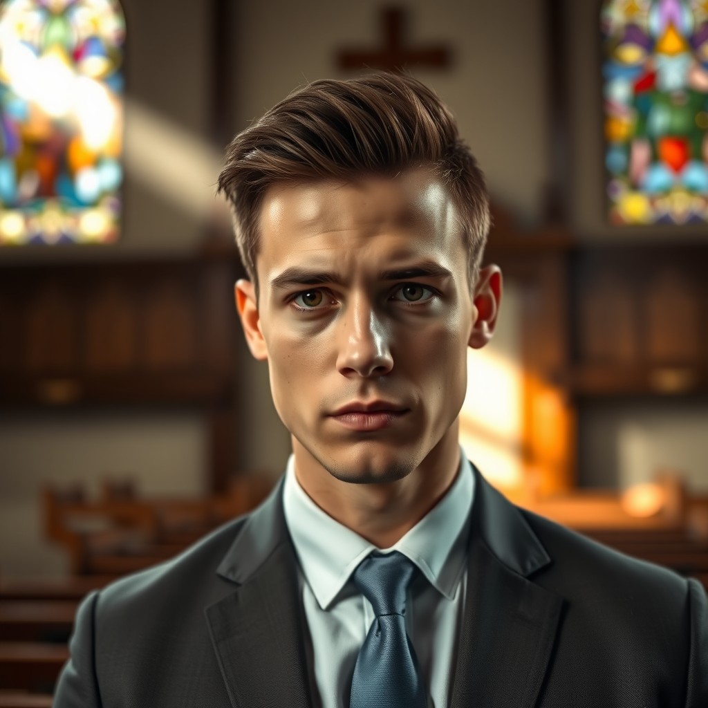 A young male pastor in the foreground, with a serious expression on his face, conveying deep thought and contemplation