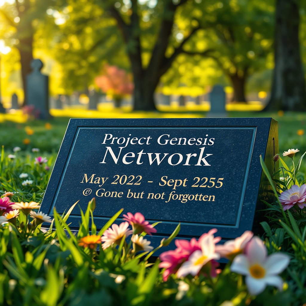 A photorealistic image of a tombstone resting in a lush green cemetery