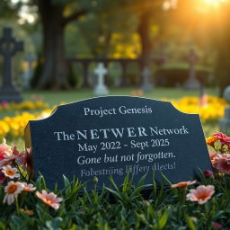 A photorealistic image of a tombstone resting in a lush green cemetery