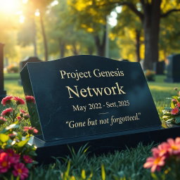 A photorealistic image of a tombstone resting in a lush green cemetery