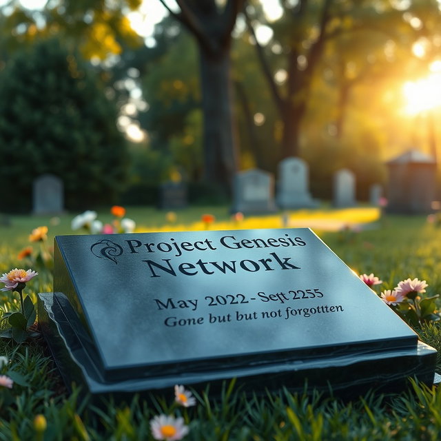 A photorealistic image of a tombstone resting in a lush green cemetery
