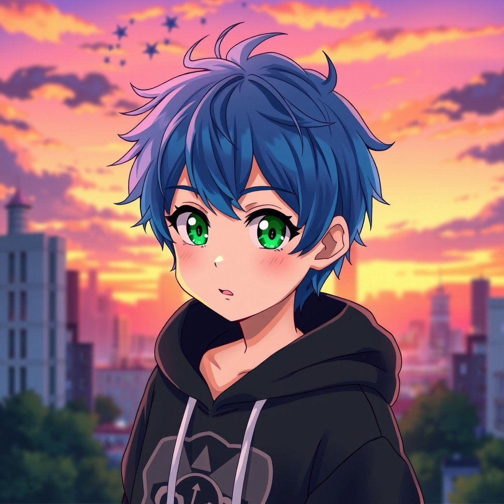 An anime boy with short, tousled hair, featuring vibrant blue highlights