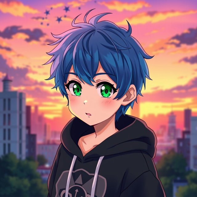 An anime boy with short, tousled hair, featuring vibrant blue highlights
