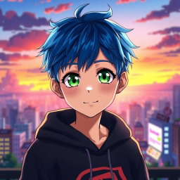 An anime boy with short, tousled hair, featuring vibrant blue highlights