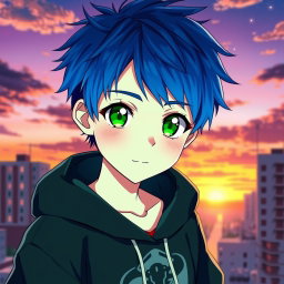 An anime boy with short, tousled hair, featuring vibrant blue highlights