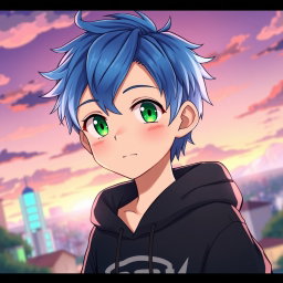An anime boy with short, tousled hair, featuring vibrant blue highlights