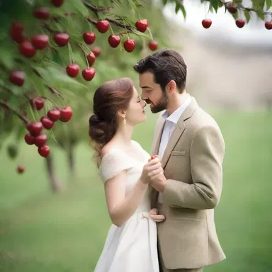 As the couple strolled through the cherry orchard, he picked an oxheart cherry and gently fed it to his beloved, symbolizing their sweet and passionate love.