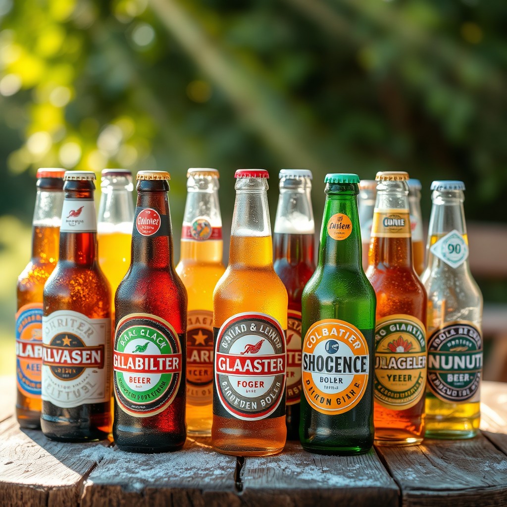 A vibrant display of frosty bottles of cold beer arranged on a rustic wooden table