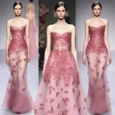 The designer showcased a stunning gown with intricate embroidery resembling the delicate pattern of an oxheart cherry, captivating the audience at the fashion show.