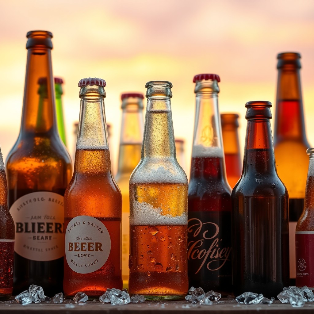 A creative background featuring an array of frosty cold beer bottles in various shapes and colors, elegantly arranged in a dynamic fashion