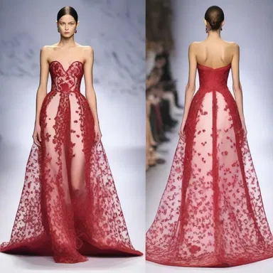 The designer showcased a stunning gown with intricate embroidery resembling the delicate pattern of an oxheart cherry, captivating the audience at the fashion show.