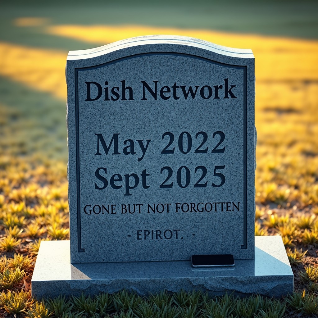 A photorealistic image of a large, upright tombstone made of grey granite, featuring the name 'Dish Network' engraved in bold letters at the top