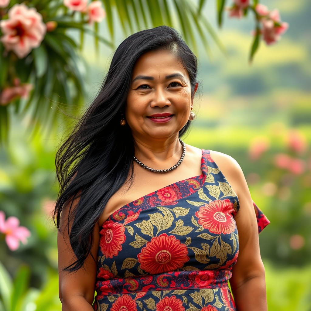 A 55-year-old Indonesian woman with a round, full face showcasing her traditional beauty