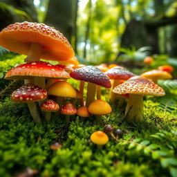 A vibrant, close-up view of a variety of colorful mushrooms growing in a lush forest