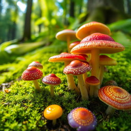 A vibrant, close-up view of a variety of colorful mushrooms growing in a lush forest