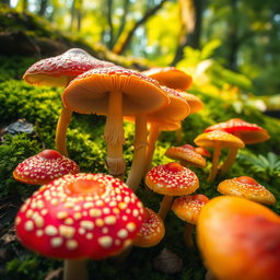 A vibrant, close-up view of a variety of colorful mushrooms growing in a lush forest
