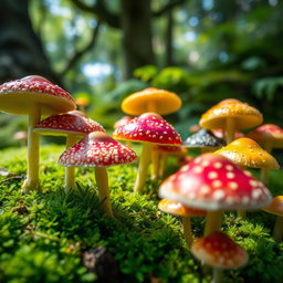 A vibrant, close-up view of a variety of colorful mushrooms growing in a lush forest