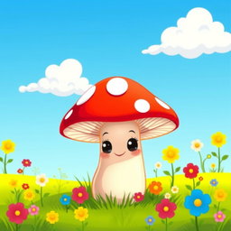 A whimsical cartoon illustration of a single, oversized mushroom with a bright red cap and white polka dots