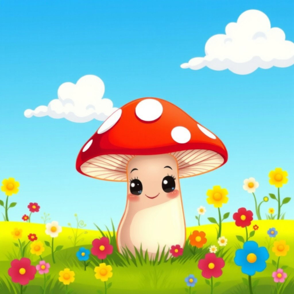 A whimsical cartoon illustration of a single, oversized mushroom with a bright red cap and white polka dots