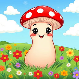 A whimsical cartoon illustration of a single, oversized mushroom with a bright red cap and white polka dots