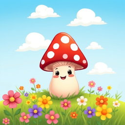 A whimsical cartoon illustration of a single, oversized mushroom with a bright red cap and white polka dots