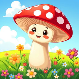 A whimsical cartoon illustration of a single, oversized mushroom with a bright red cap and white polka dots