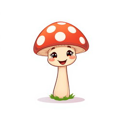 An animated illustration of a single, cartoon-style mushroom with a smooth, glossy cap in a soft shade of red and white polka dots