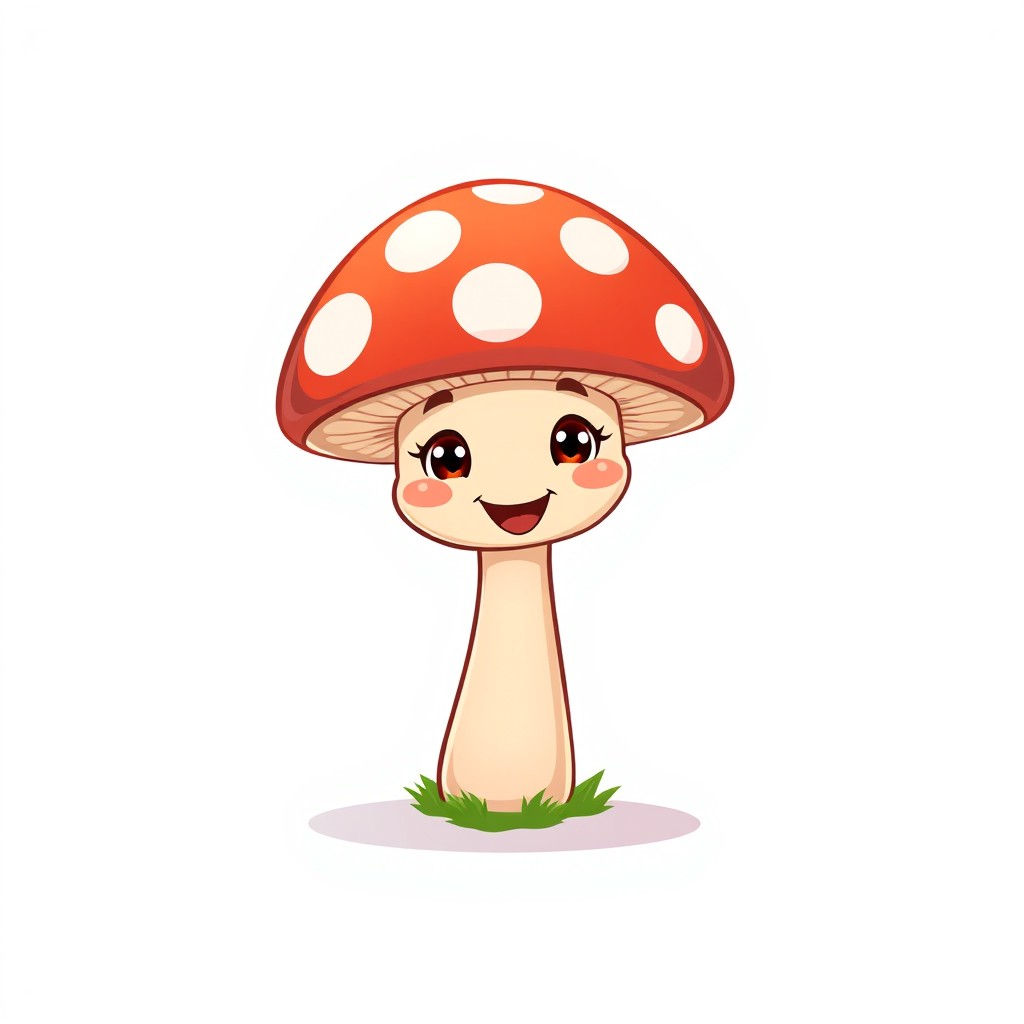 An animated illustration of a single, cartoon-style mushroom with a smooth, glossy cap in a soft shade of red and white polka dots