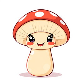 An animated illustration of a single, cartoon-style mushroom with a smooth, glossy cap in a soft shade of red and white polka dots