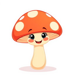 An animated illustration of a single, cartoon-style mushroom with a smooth, glossy cap in a soft shade of red and white polka dots