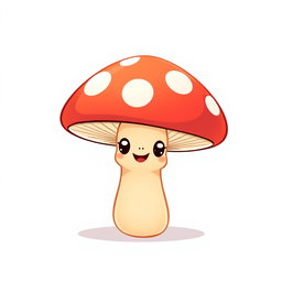 An animated illustration of a single, cartoon-style mushroom with a smooth, glossy cap in a soft shade of red and white polka dots