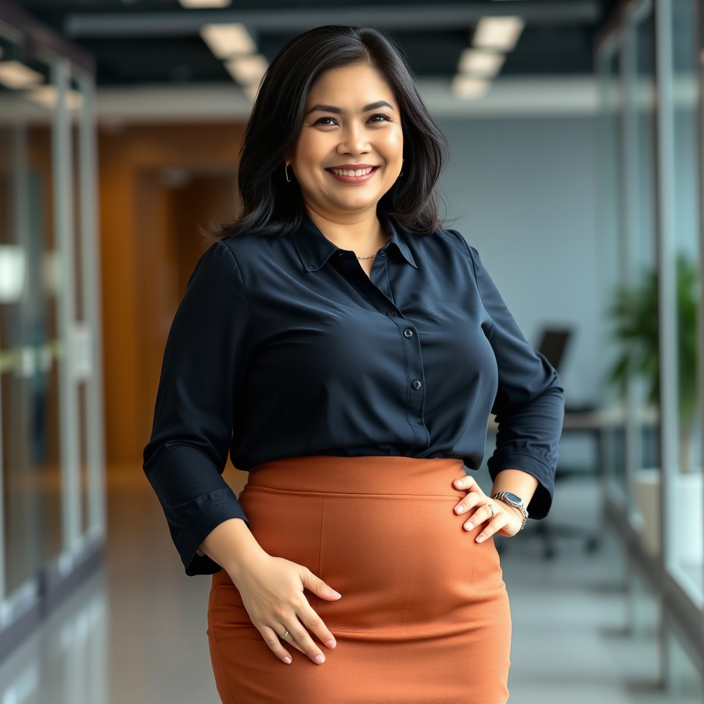 A 55-year-old Thai woman with black hair and a fuller figure, confidently dressed in a professional office outfit that includes a smart blouse and a chic mini skirt