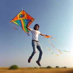 A realistic image of a 20-year-old boy, wearing a t-shirt with the name 'Aanand' printed on it, jeans, and shoes, gleefully flying a kite under a clear sky.