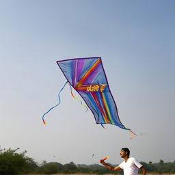 A realistic image of a 20-year-old boy, wearing a t-shirt with the name 'Aanand' printed on it, jeans, and shoes, gleefully flying a kite under a clear sky.