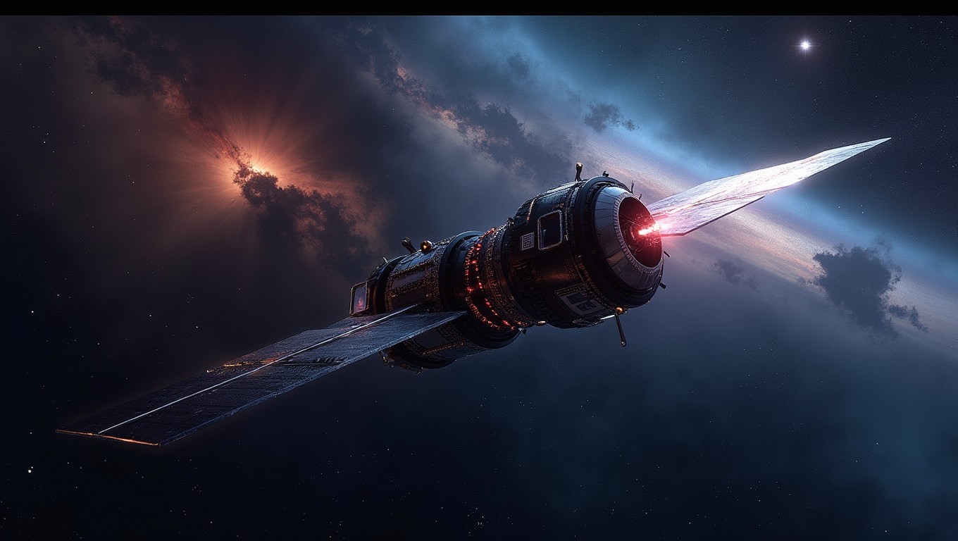 A stunning depiction of the space probe 3I/ATLAS traveling through the vastness of space