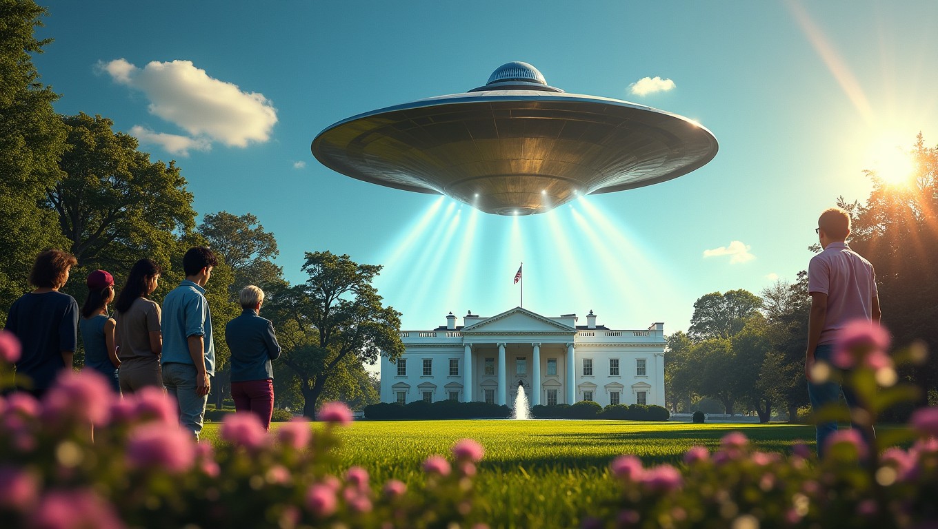 A dramatic scene depicting a flying saucer landing on the White House lawn