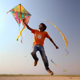 A realistic image of a 20-year-old boy, wearing a t-shirt with the name 'Aanand' printed on it, jeans, and shoes, gleefully flying a kite under a clear sky.